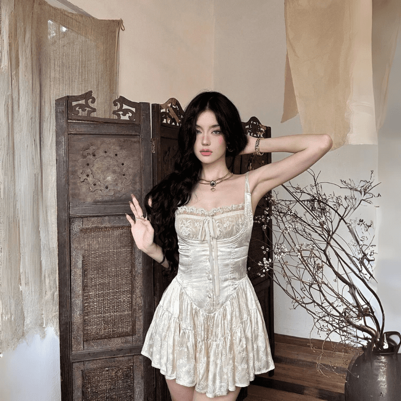 Satin Lace Allure Stitch Lace Trim Mini Dress