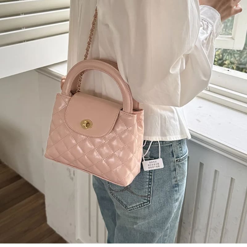 Pink Aged Quilted Leather Mini Kelly Shopping Bag