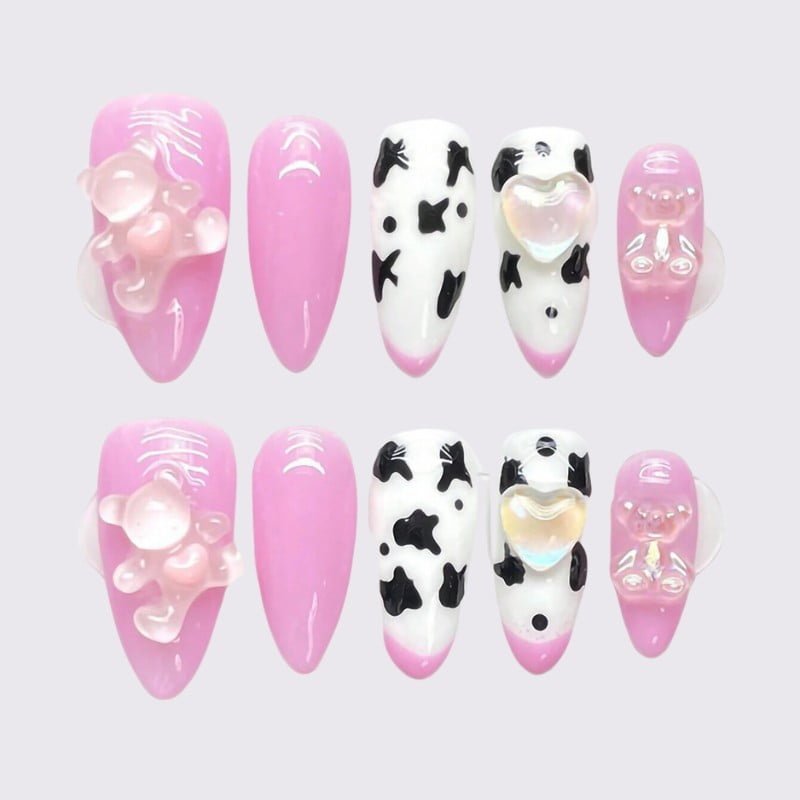 Bear & Heart Cow Print Press-On Nails