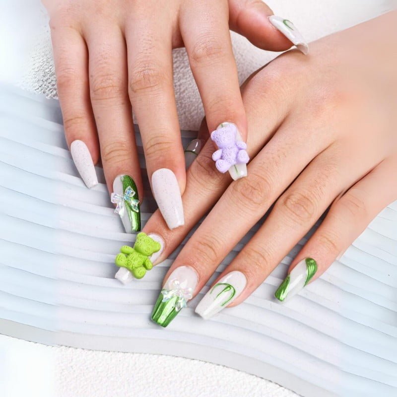 Cute Green Bear Sparkle Press-On Nails