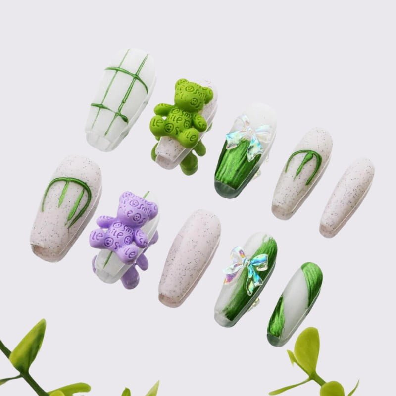 Cute Green Bear Sparkle Press-On Nails