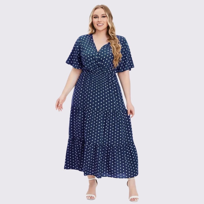 Plus Size Polka Dot V-Neck Butterfly Sleeve Dress - Blue