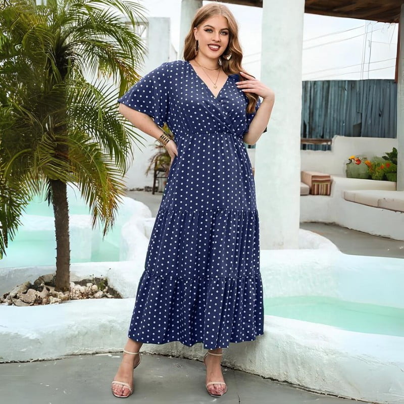 Plus Size Polka Dot V-Neck Butterfly Sleeve Dress - Blue