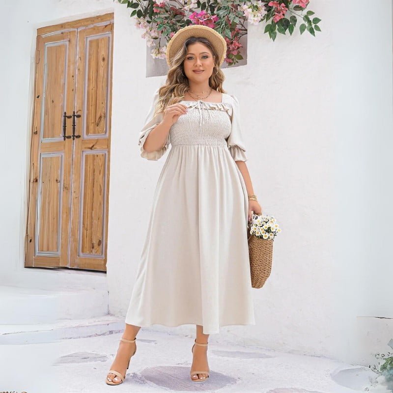 Plus Size Ruffle Trim Square Neck Puff Sleeve Dress