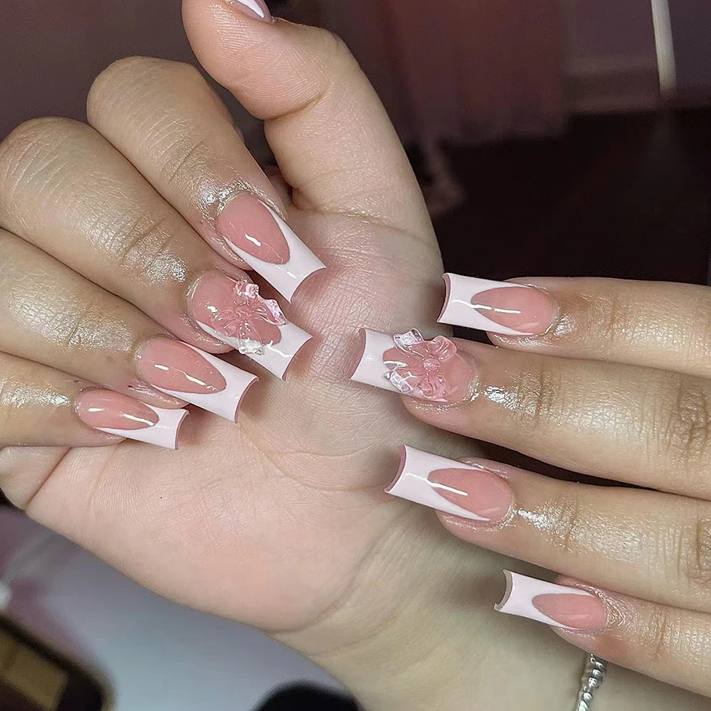 White French Tip Acrylic Nails with Transparent Bow