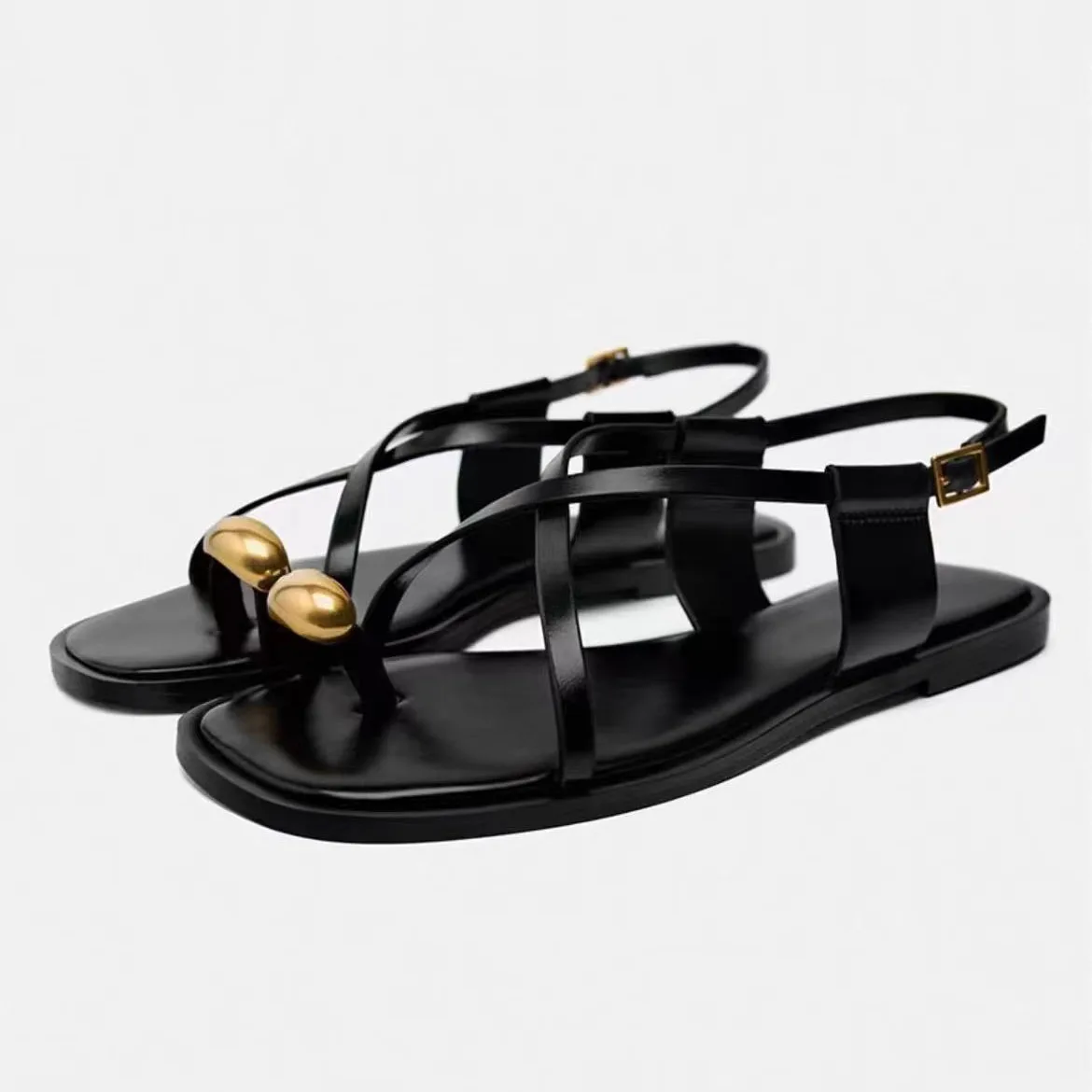Flat Strappy Sandals with Metal Embellishment