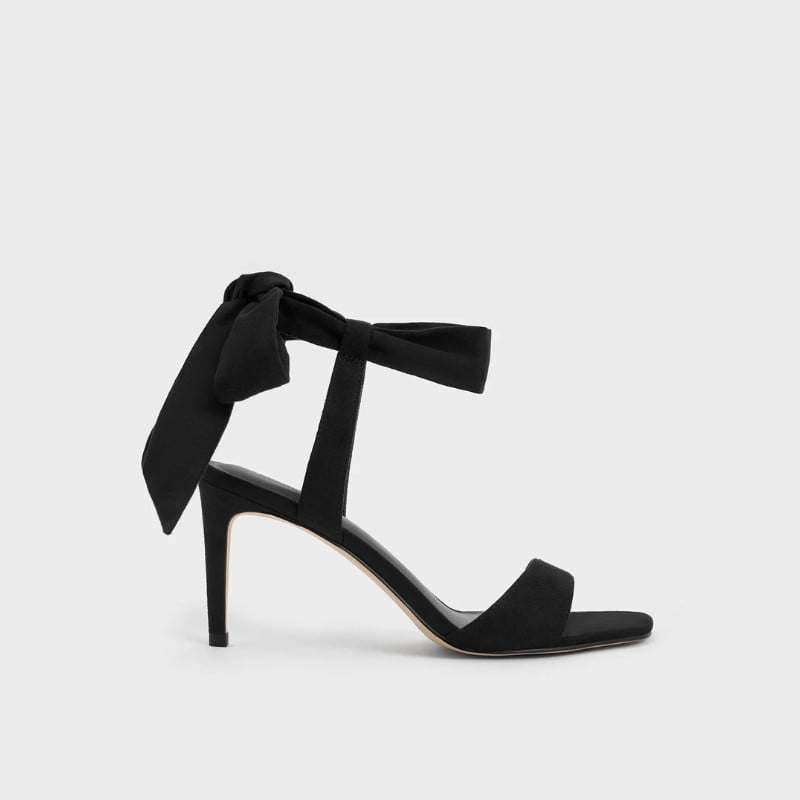 Textured Tie-Around Heeled Sandals - Black Textured