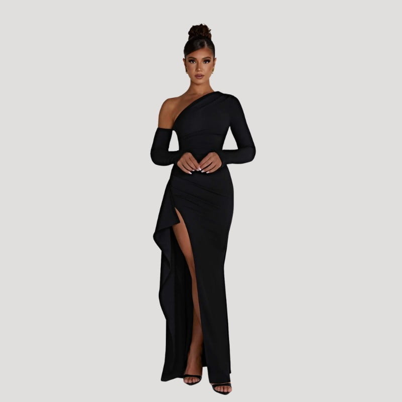 Tiff Oblique Shoulder Thigh-High Split Maxi Dress