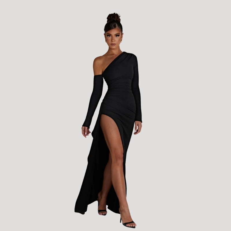 Tiff Oblique Shoulder Thigh-High Split Maxi Dress