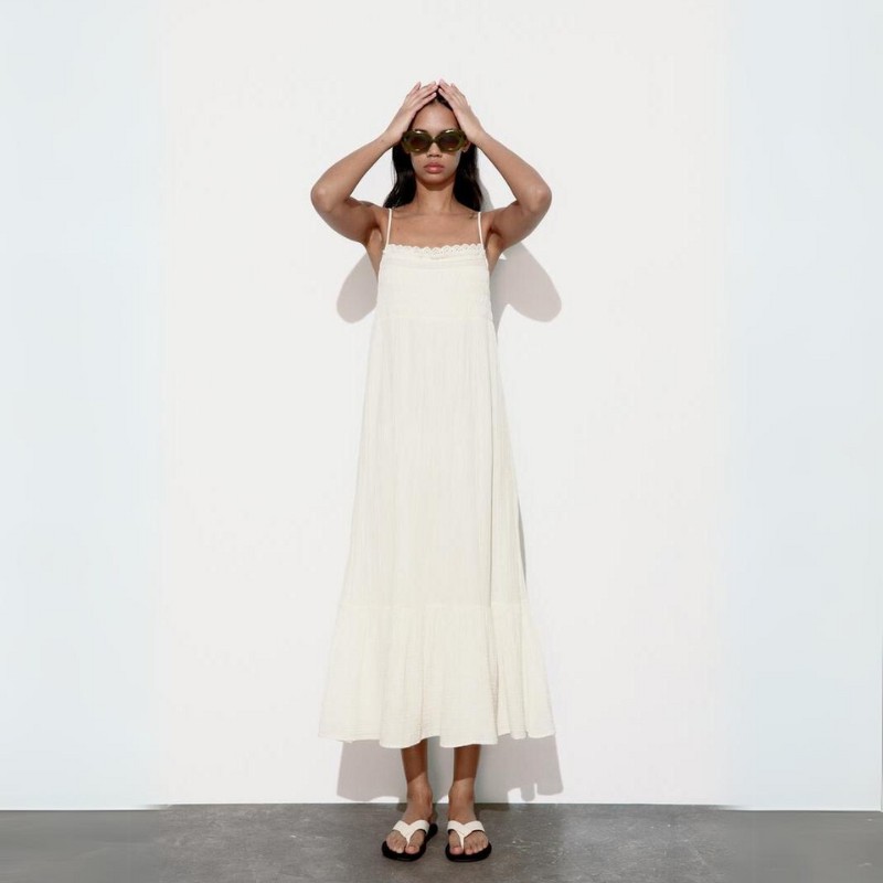 Cotton Muslin Midi Dress with Lace Trims