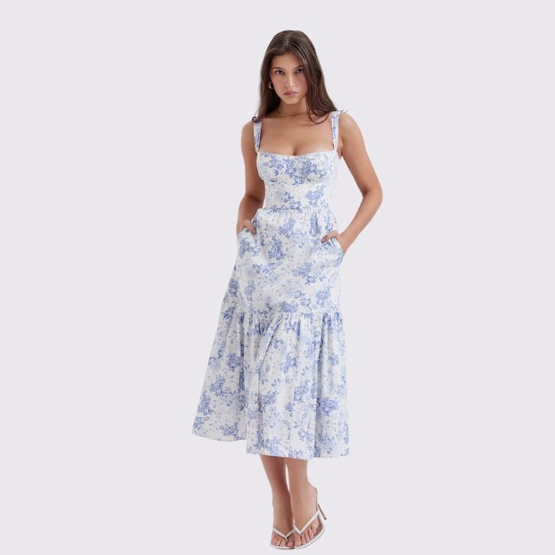 Elia Elegant Spaghetti Strap A-Line Midi Dress - Blue