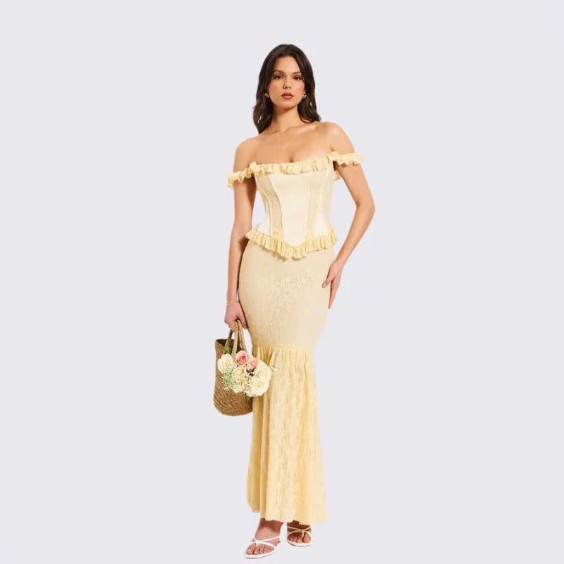 Esme Satin Lace Corset Maxi Dress - Yellow