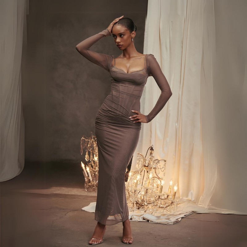 Ethereal Mesh Maxi Dress - Brown