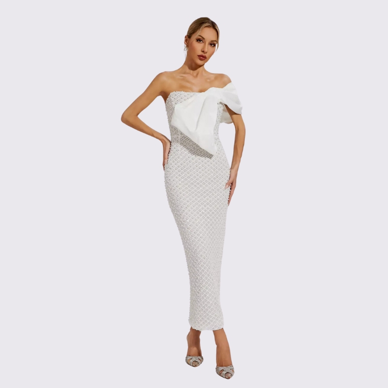 Pearl Embellished Off-the-Shoulder Midi Dress