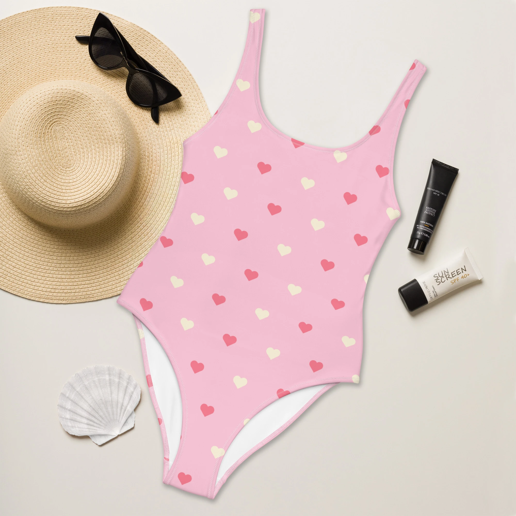 Pink Heart Print One-Piece Swimsuit