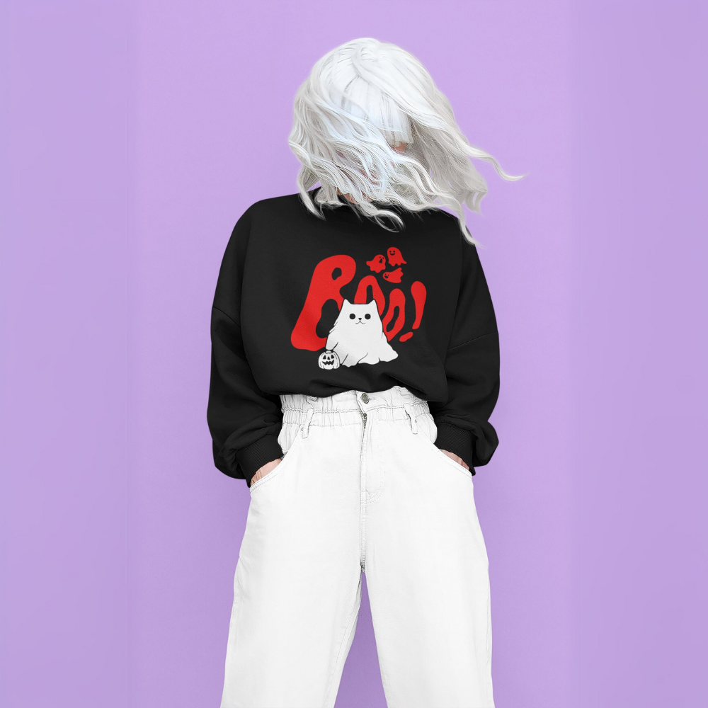 Halloween Ghost Cat Boo Crewneck Sweatshirt