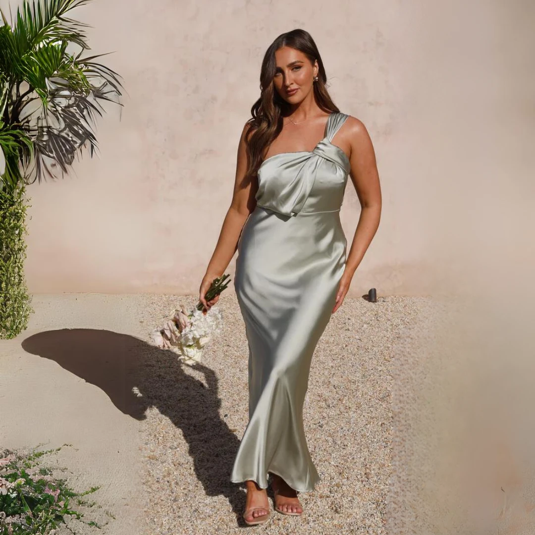 One Shoulder Strapless Sleeveless Satin Bridesmaid Dress – Green