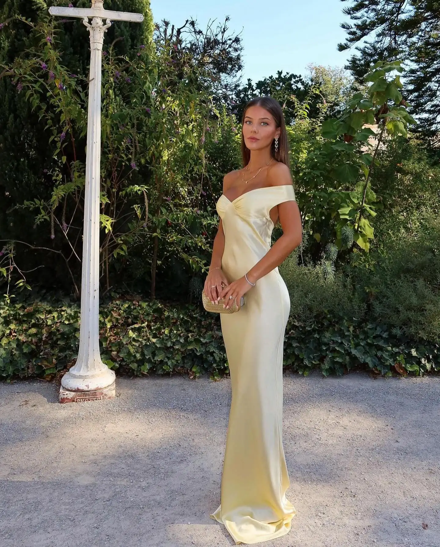 Off Shoulder Satin Bridesmaid Dress - Yellow