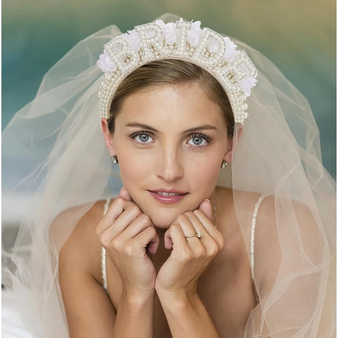 Bride Pearl Crown Headband with Veil