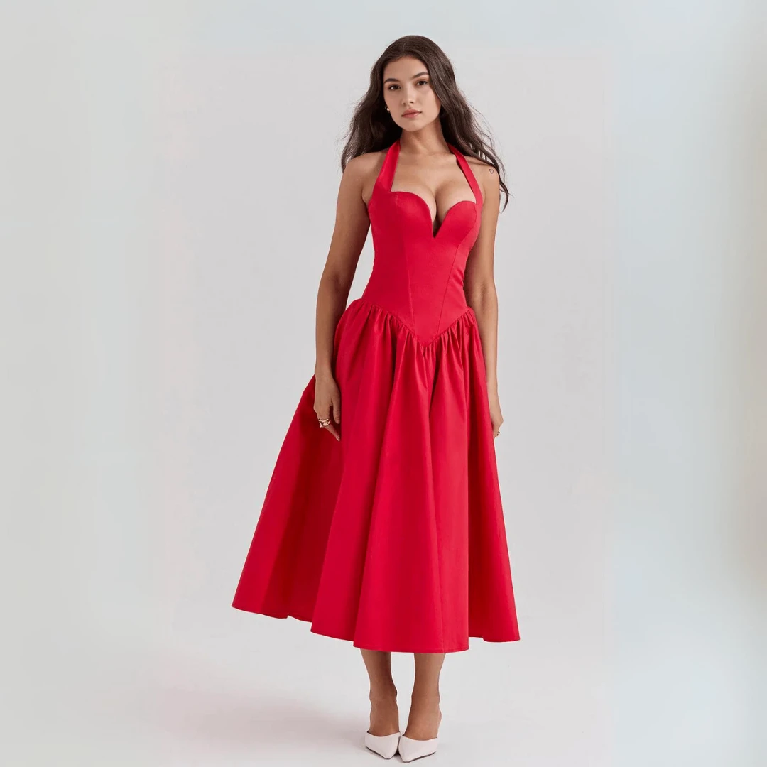 Coquette Sweetheart-Neck Midi Dress – Red