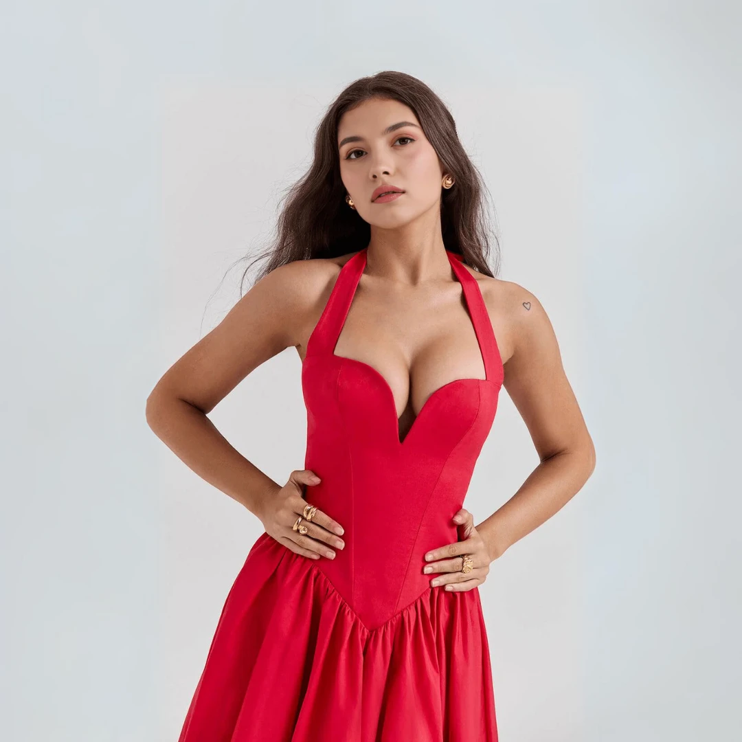 Coquette Sweetheart-Neck Midi Dress – Red