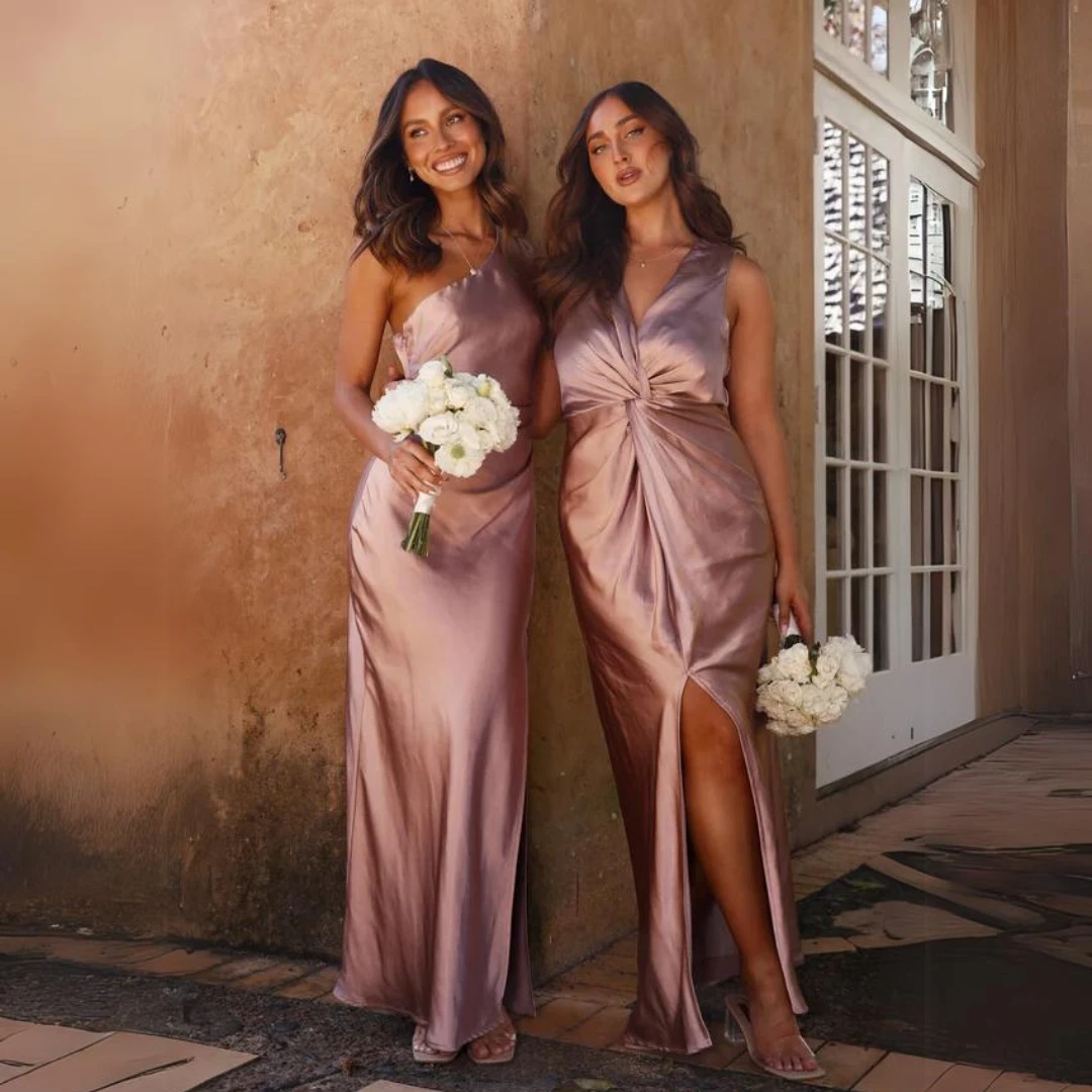 Diagonal Collar One Shoulder Split Satin Bridesmaid Dress – Pink