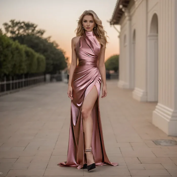 Halter Sleeveless Thigh Split Maxi Satin Bridesmaid Dress – Pink