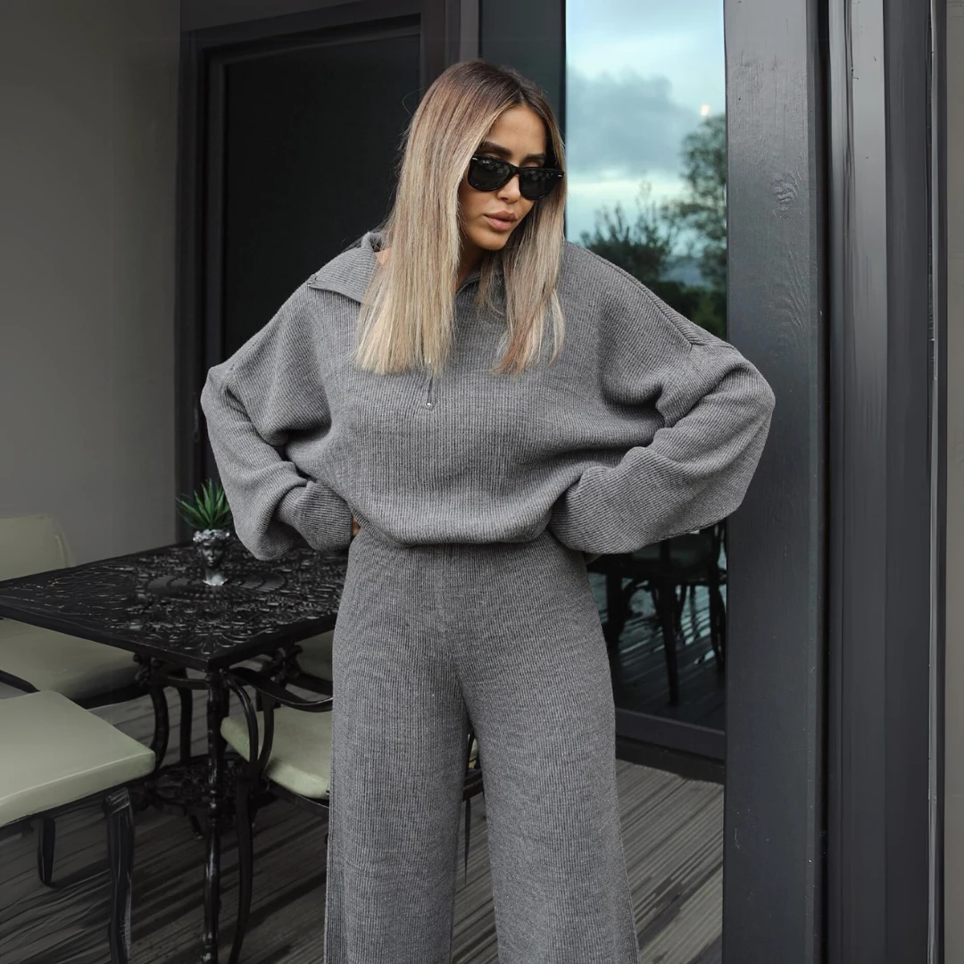 Oversized Half Zip Collar Knit Set - Grey (2)