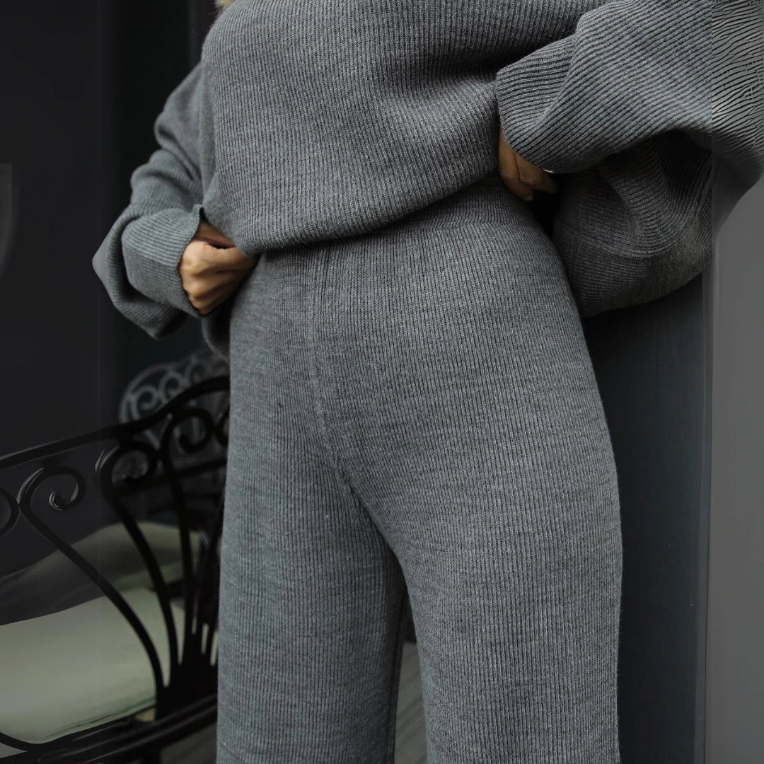 Oversized Half Zip Collar Knit Set - Grey (2)