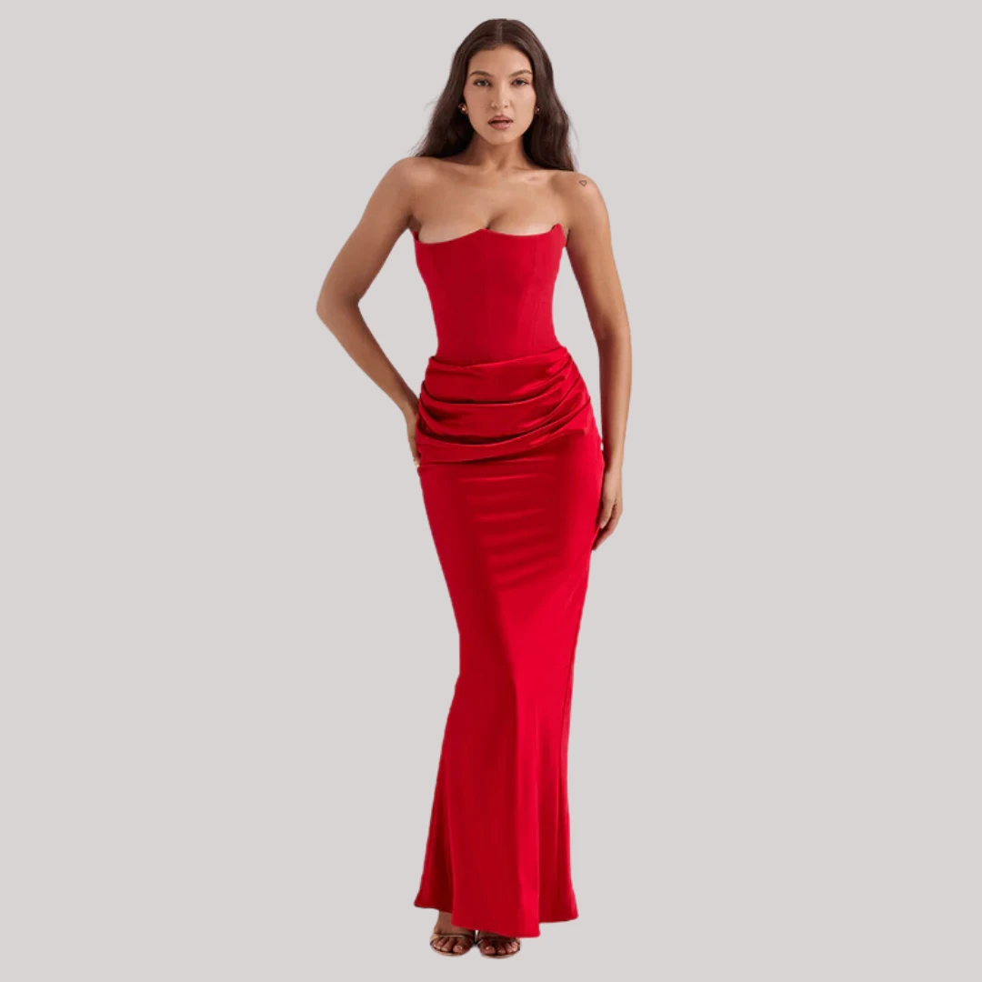 Red Corset Satin Strapless Gown