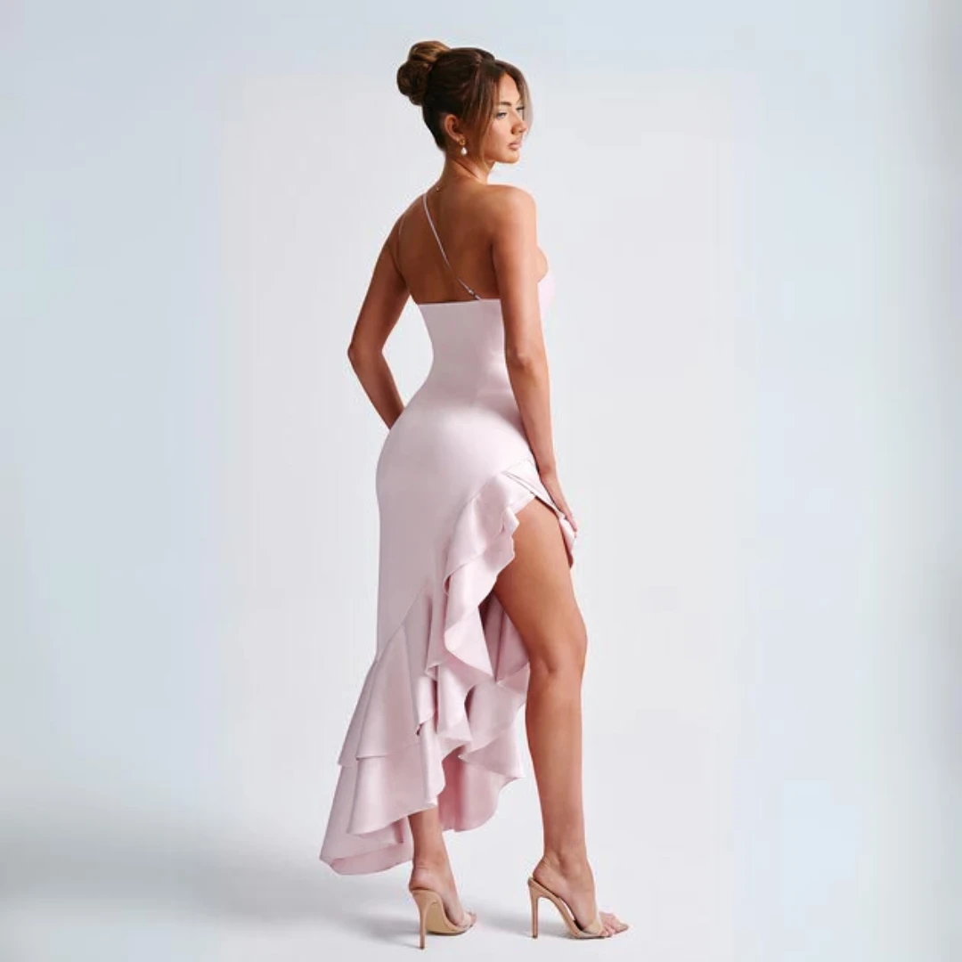 Ruffled High Split Backless Bridesmaid Dress – Pink