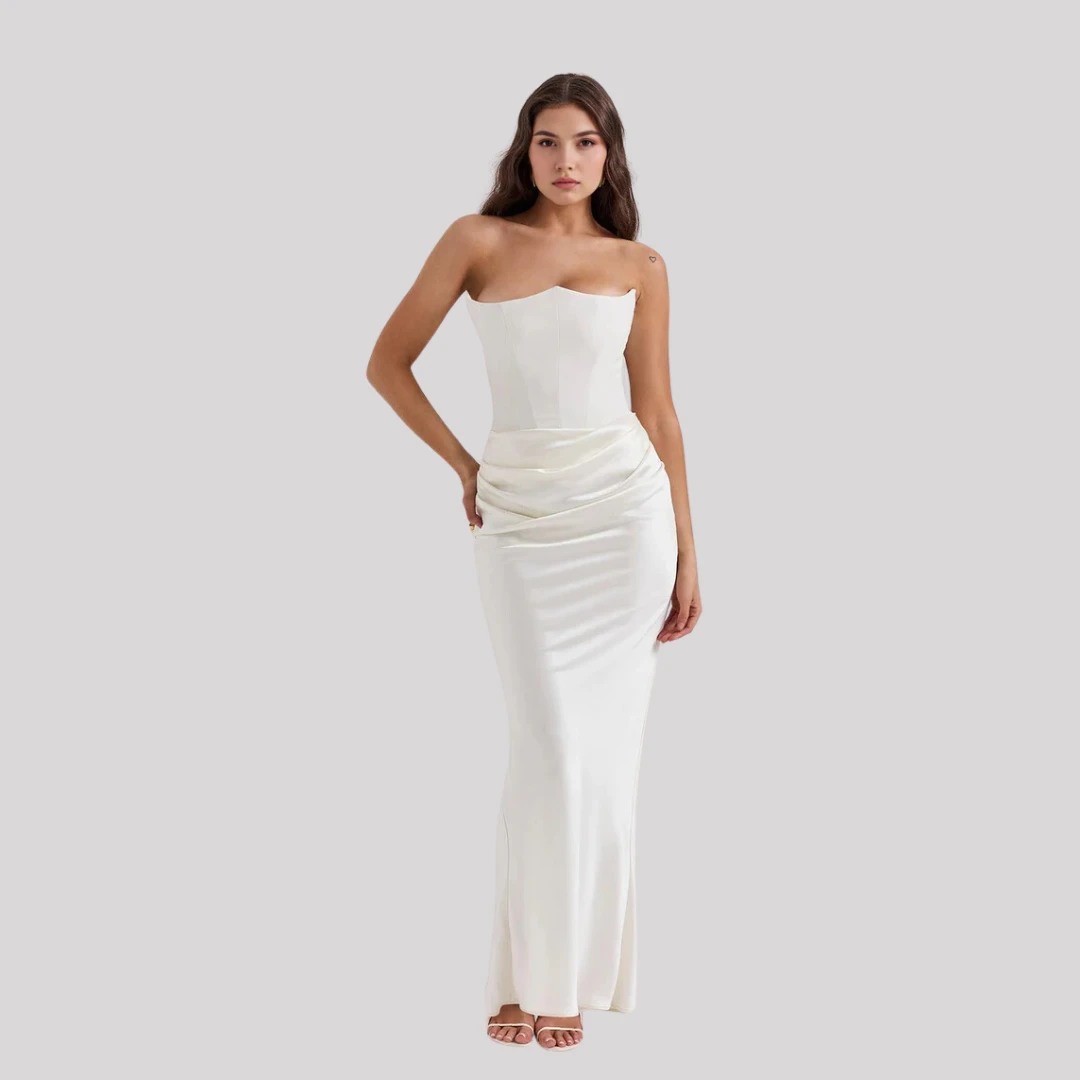 White Corset Satin Strapless Gown