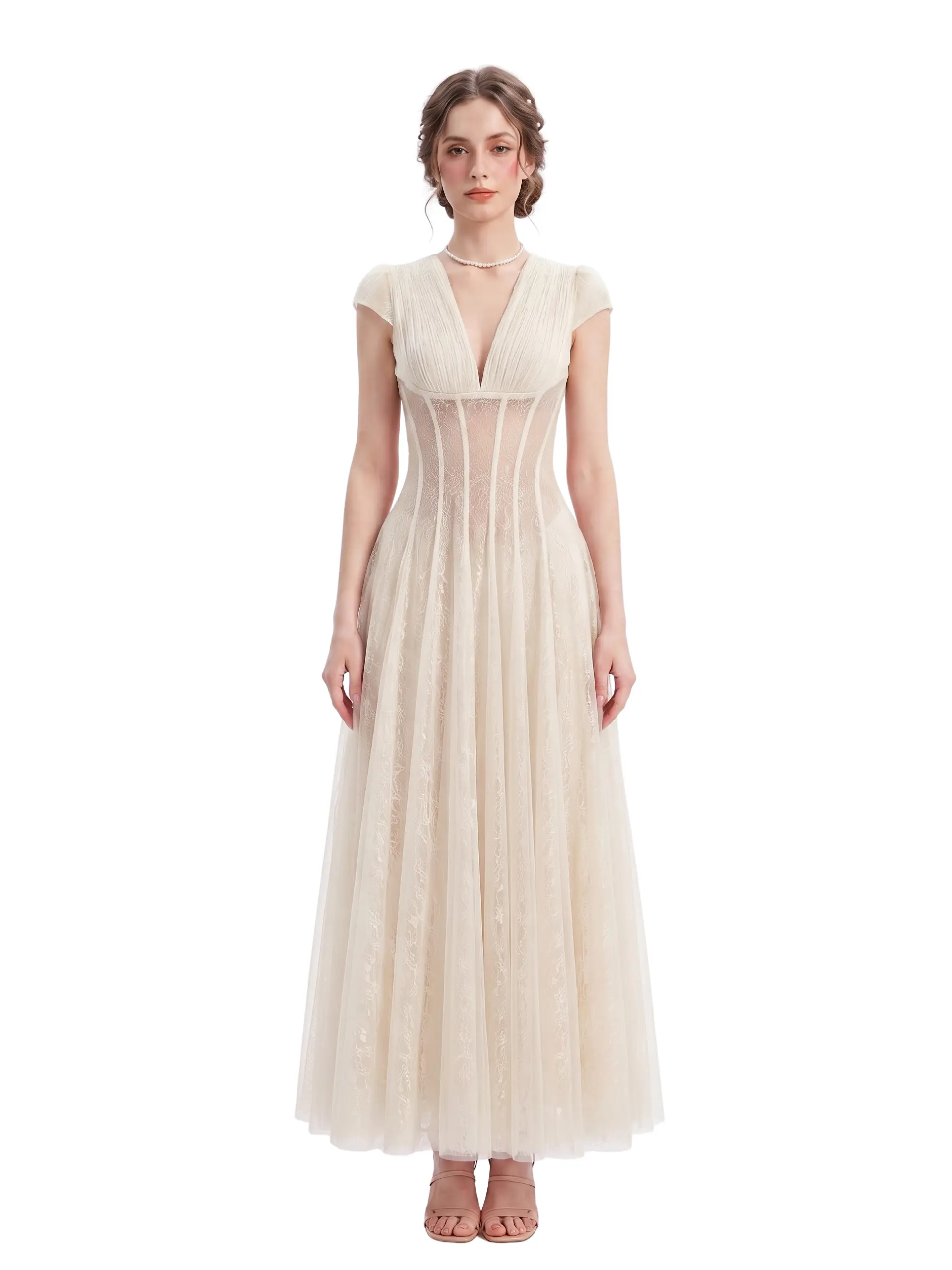Model wearing the Acelia ivory V-neck pleated lace A-line dress with short cap sleeves and a flowing maxi skirt