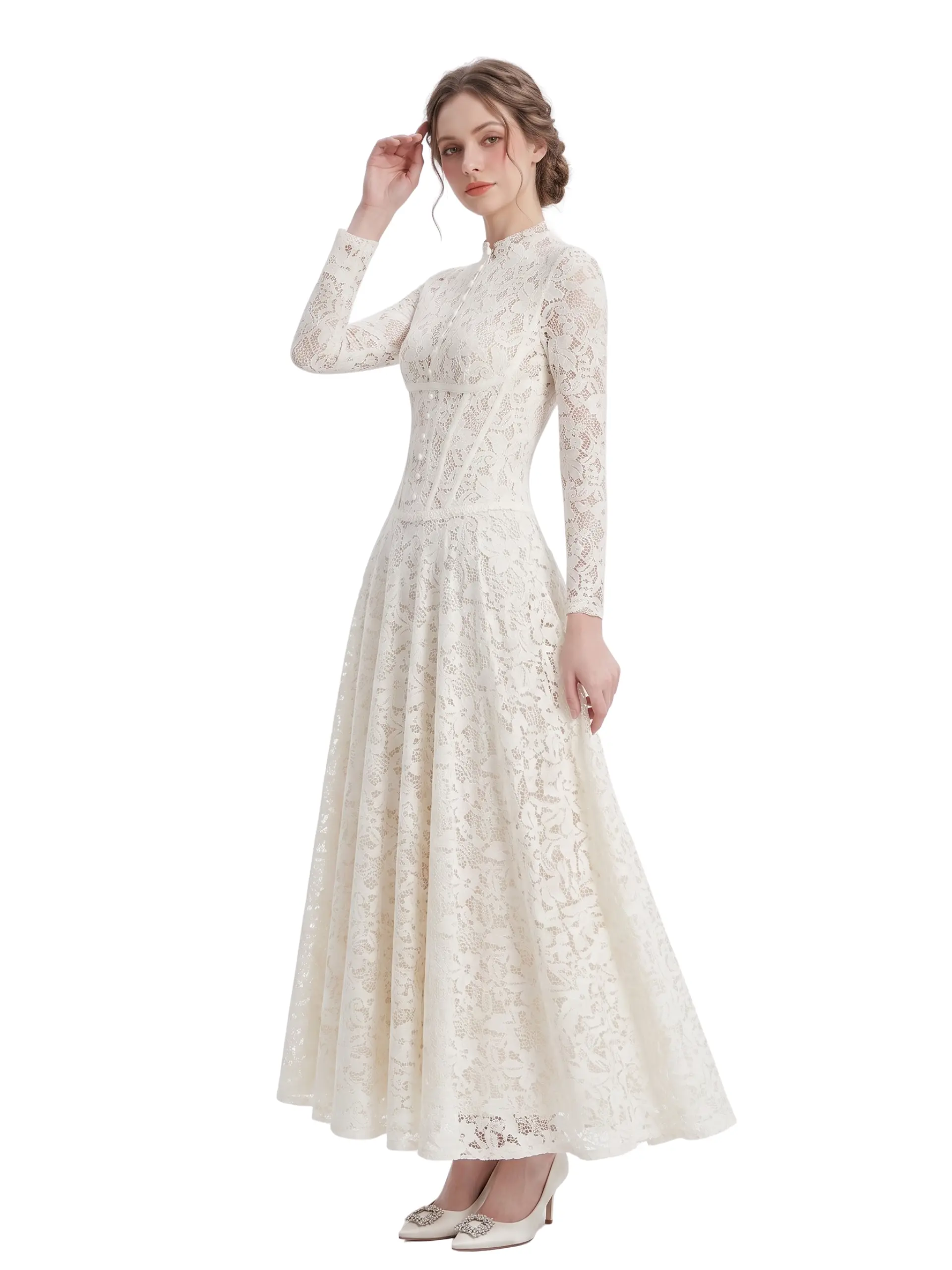Elya Long Sleeve High Neck Lace Gown