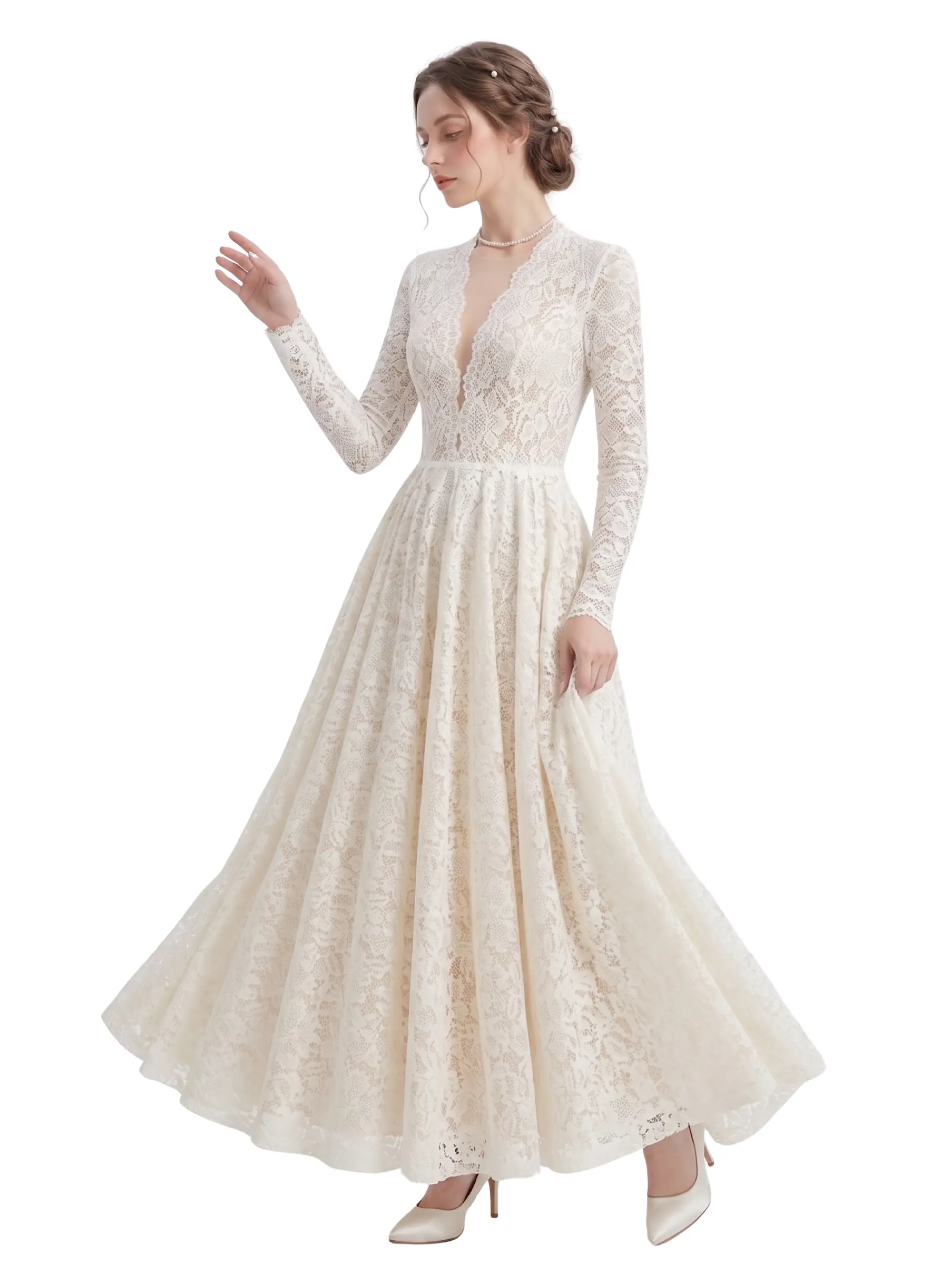 Oliana Long Sleeve Lace A-Line Gown