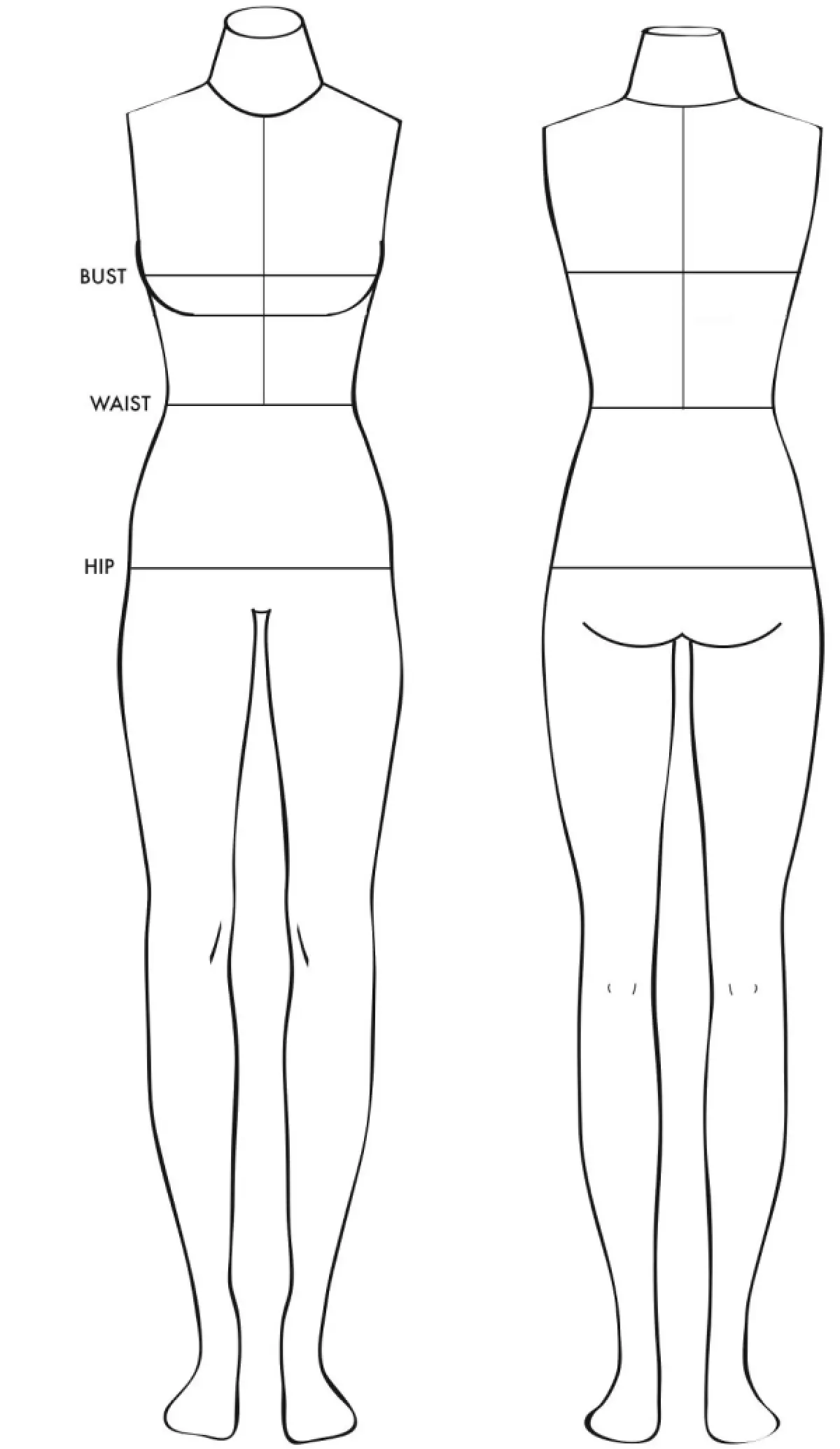 Maattabel illustratie voor dames met meetpunten voor buste, taille en heupen.