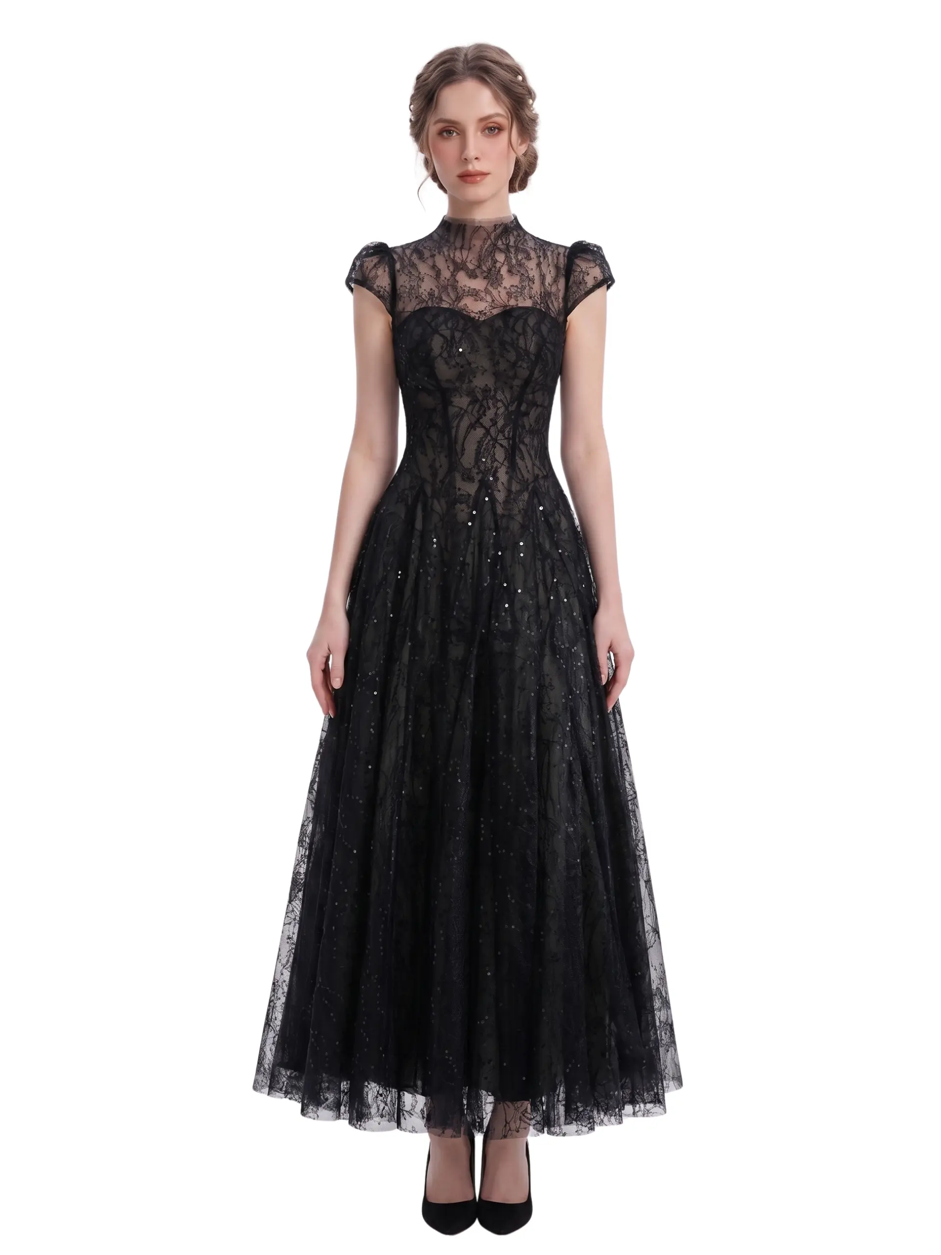 Model wearing the Velia black sequin lace maxi dress with a high neck, sheer cap sleeves, and a full A-line skirt.