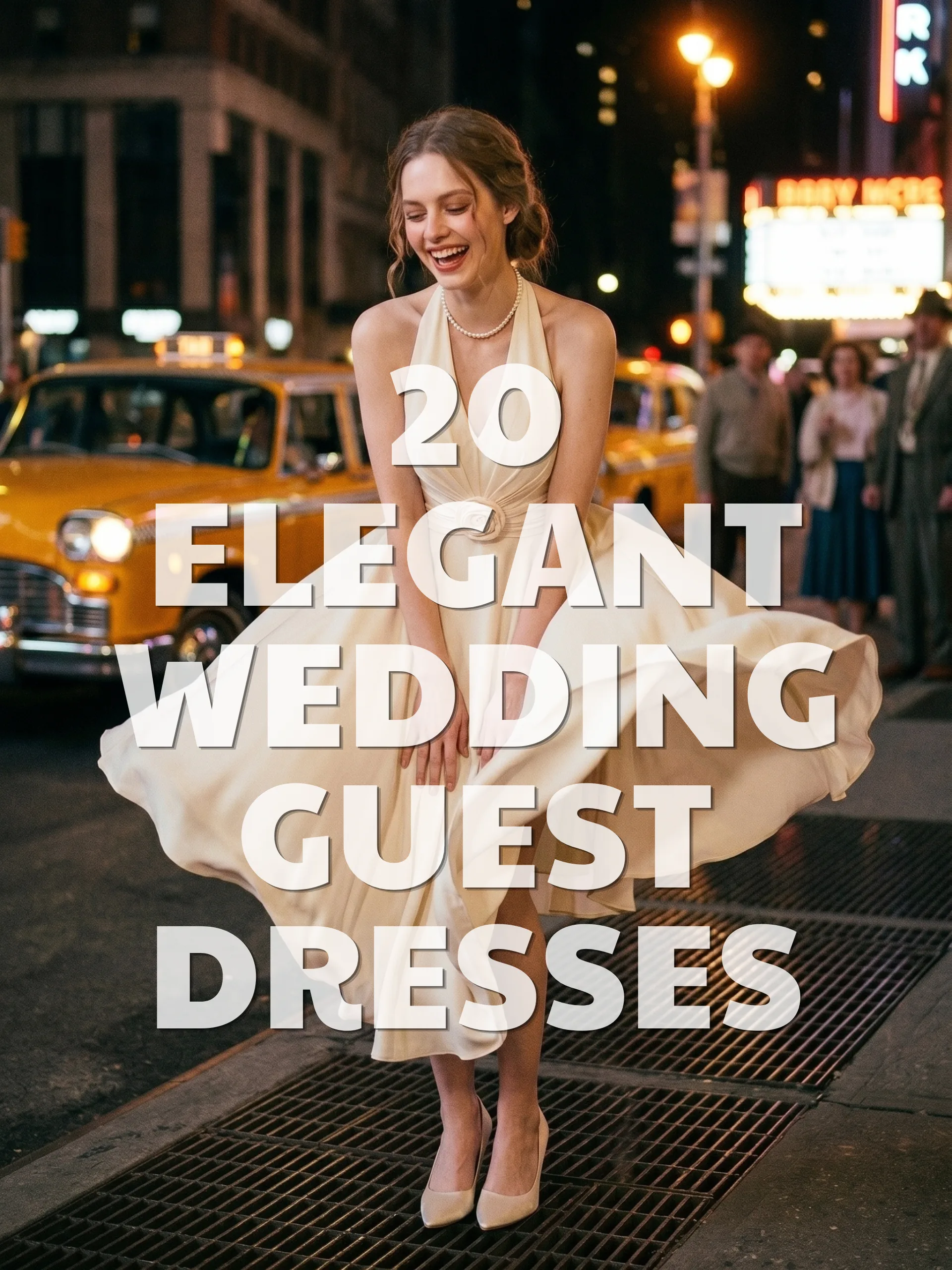 Woman in an ivory halter wedding guest dress on a New York City street with the text “20 Elegant Wedding Guest Dresses.”