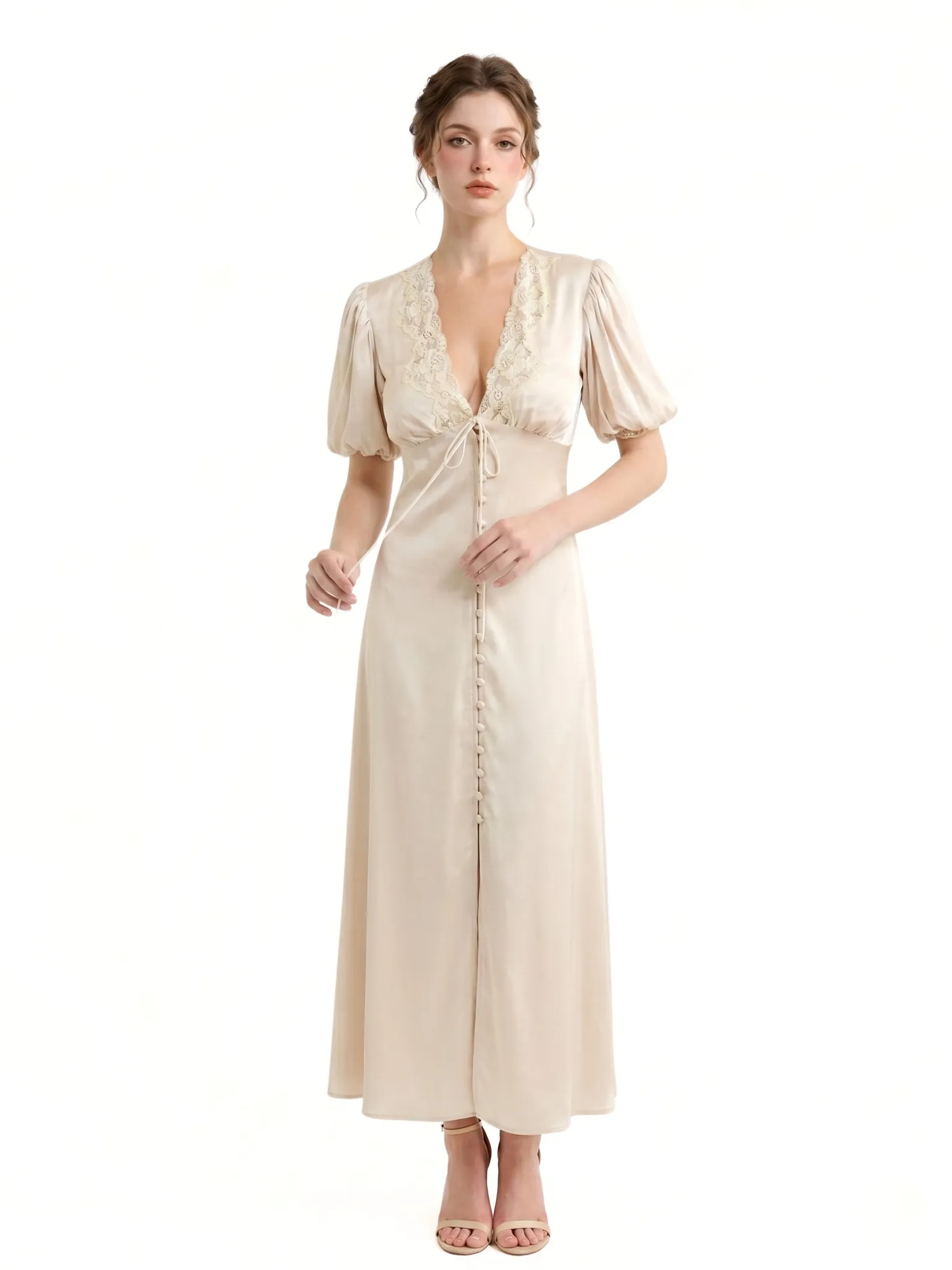 Elara Satin Lace Trim Maxi Dress Khaki