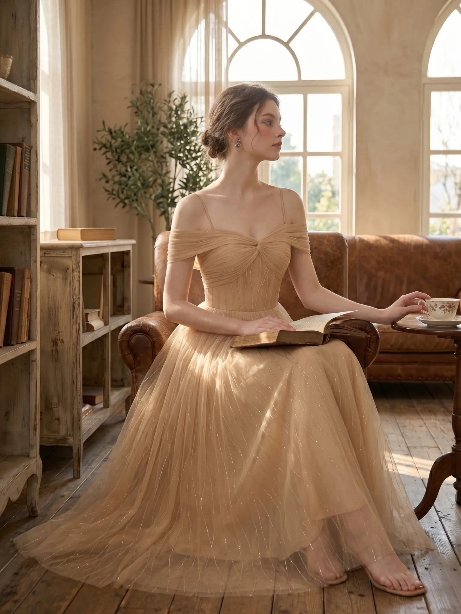 Wedding Guest Outfit Inspiration - Aunomay Model seated indoors wearing an Aunomay tulle off shoulder midi dress with a flowing pastel tulle skirt and pleated bodice.