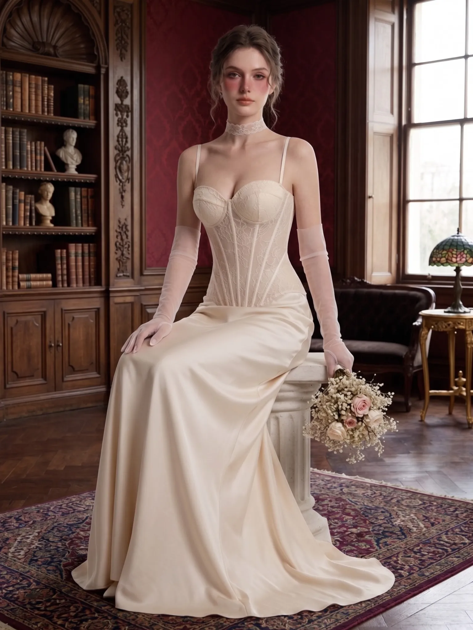 Model trägt ein transparentes Spitzen-Corsagentop mit Pailletten in Elfenbein in einem luxuriösen Interieur im Vintage-Stil.