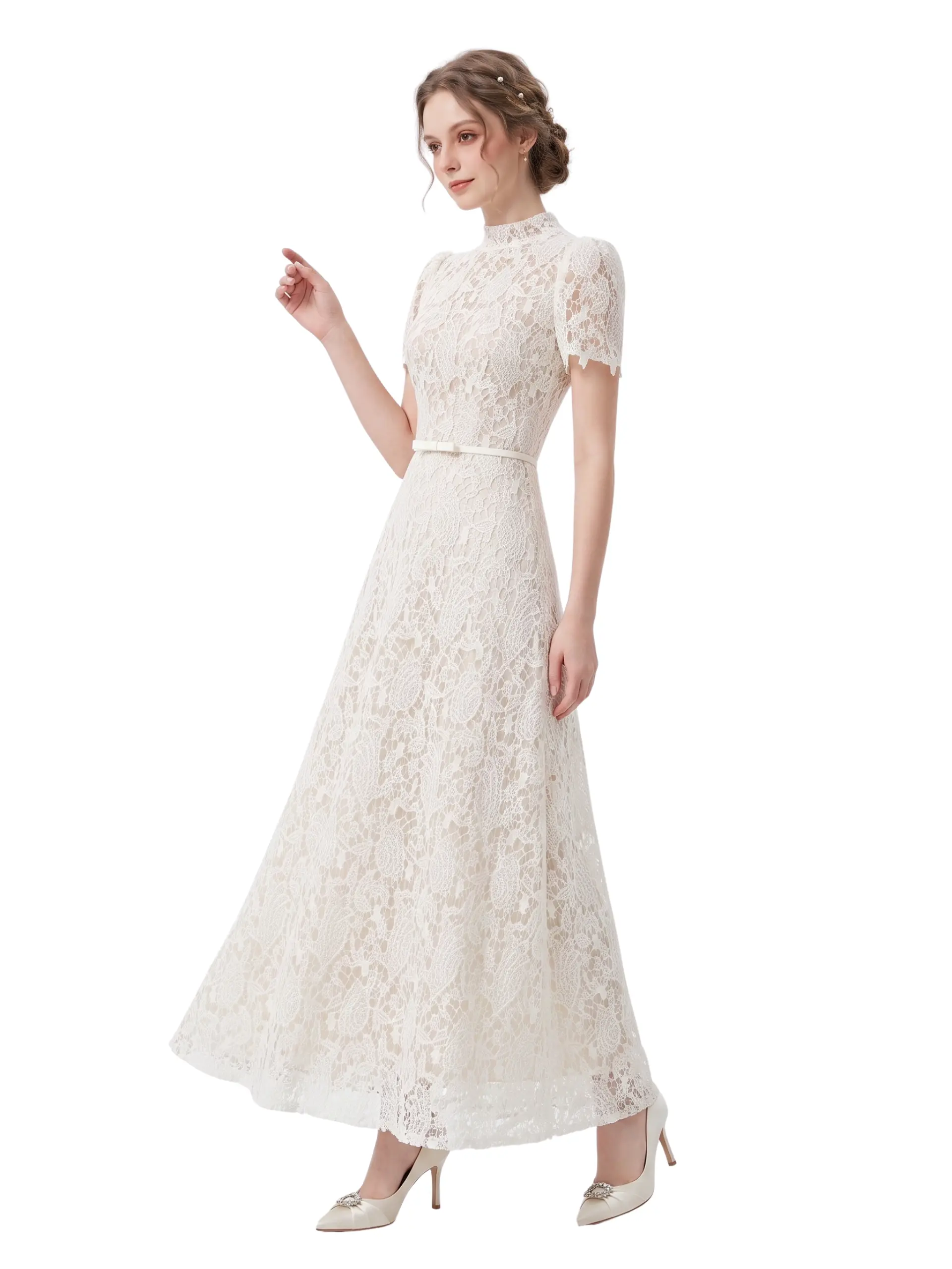 Selena Short Sleeve Ivory Lace Maxi Dress
