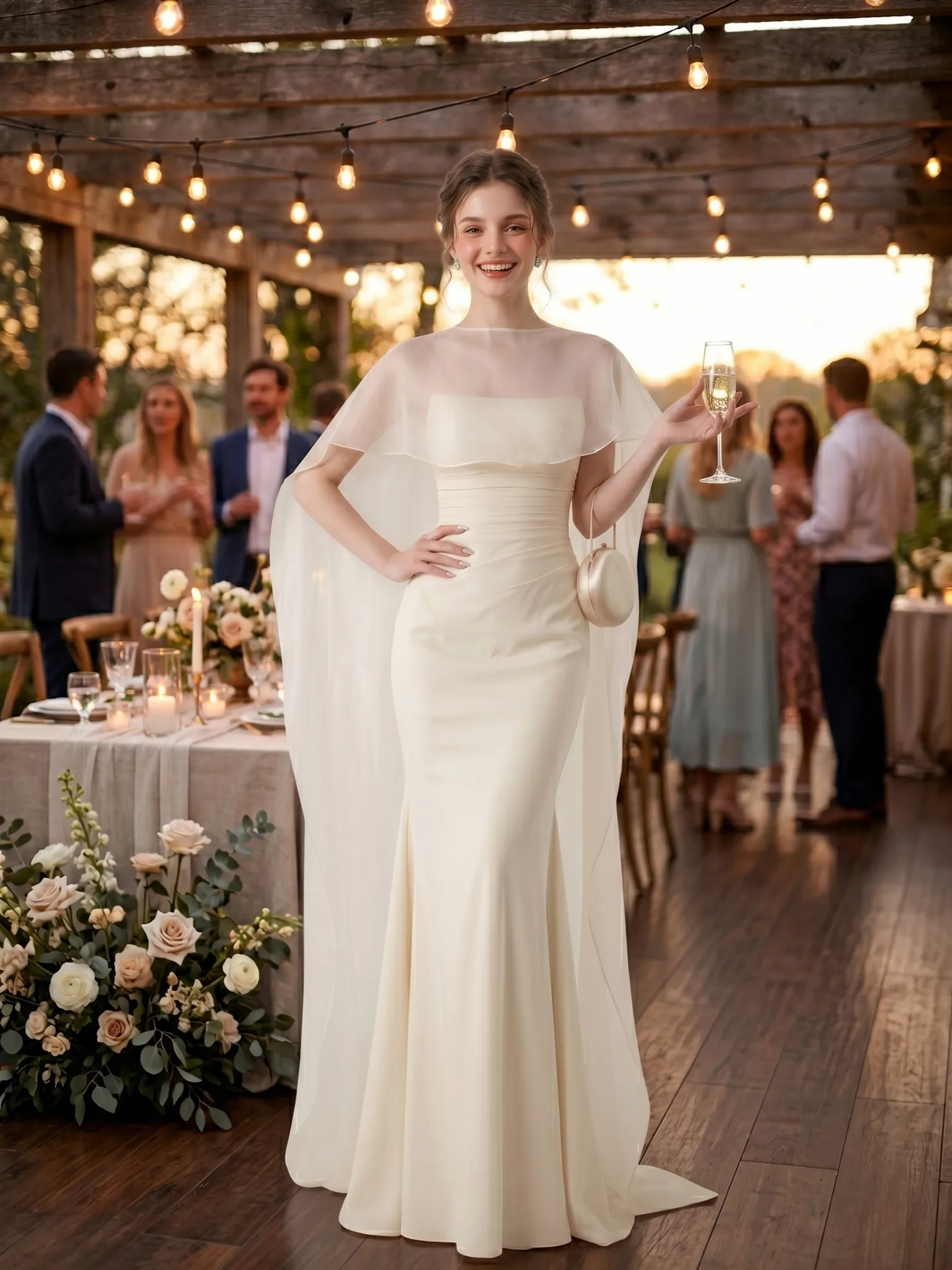 Woman wearing an ivory strapless satin mermaid gown with sheer cape at an elegant evening reception