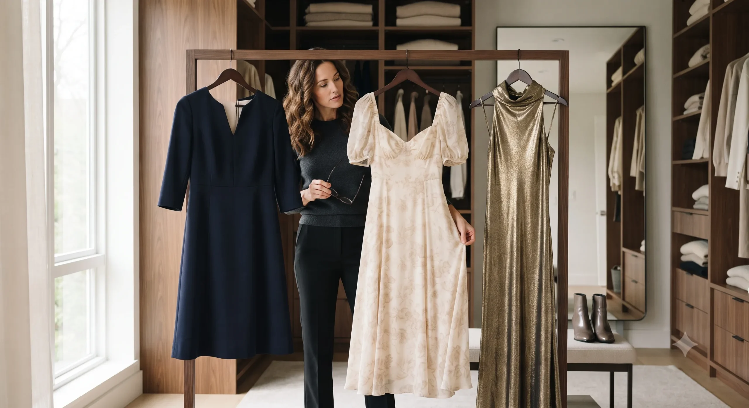 A woman in her curated walk-in closet examines three dresses on a rack: a structured navy dress, a floral midi dress, and a gold lamé gown, illustrating different style moods.