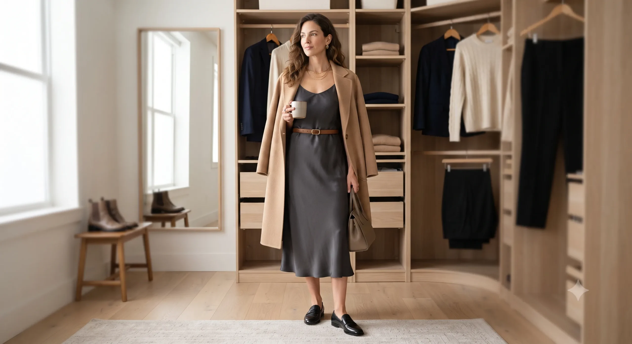 A woman in her stylish, well-lit walk-in closet, wearing a charcoal slip dress, a camel coat, and loafers while holding a mug and a handbag.