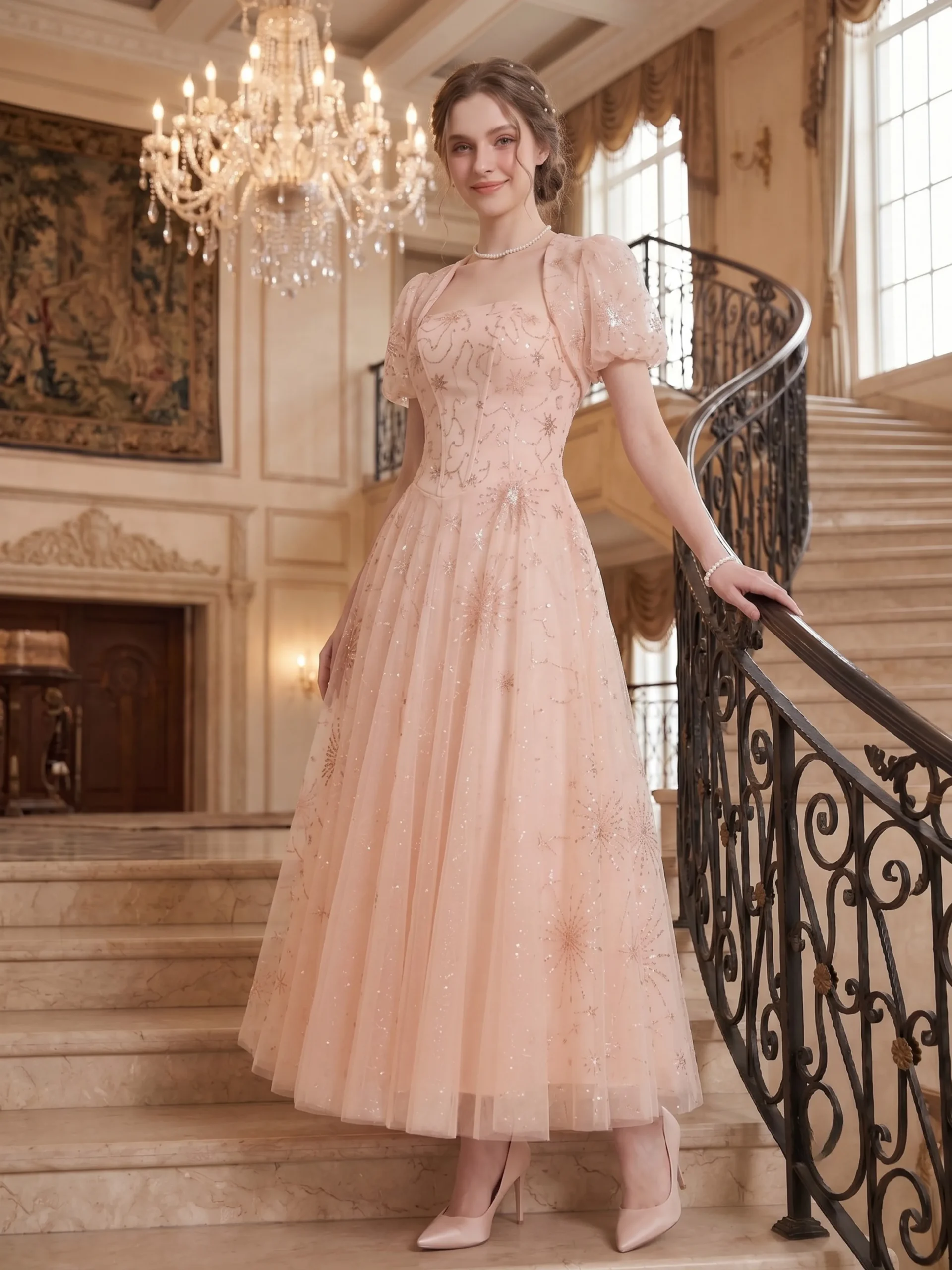 Woman wearing the Clare Corset Tulle Maxi Dress Set in apricot with detachable puff sleeve bolero, embroidered tulle overlay, and flowing maxi skirt while standing on a grand staircase in a luxury ballroom.