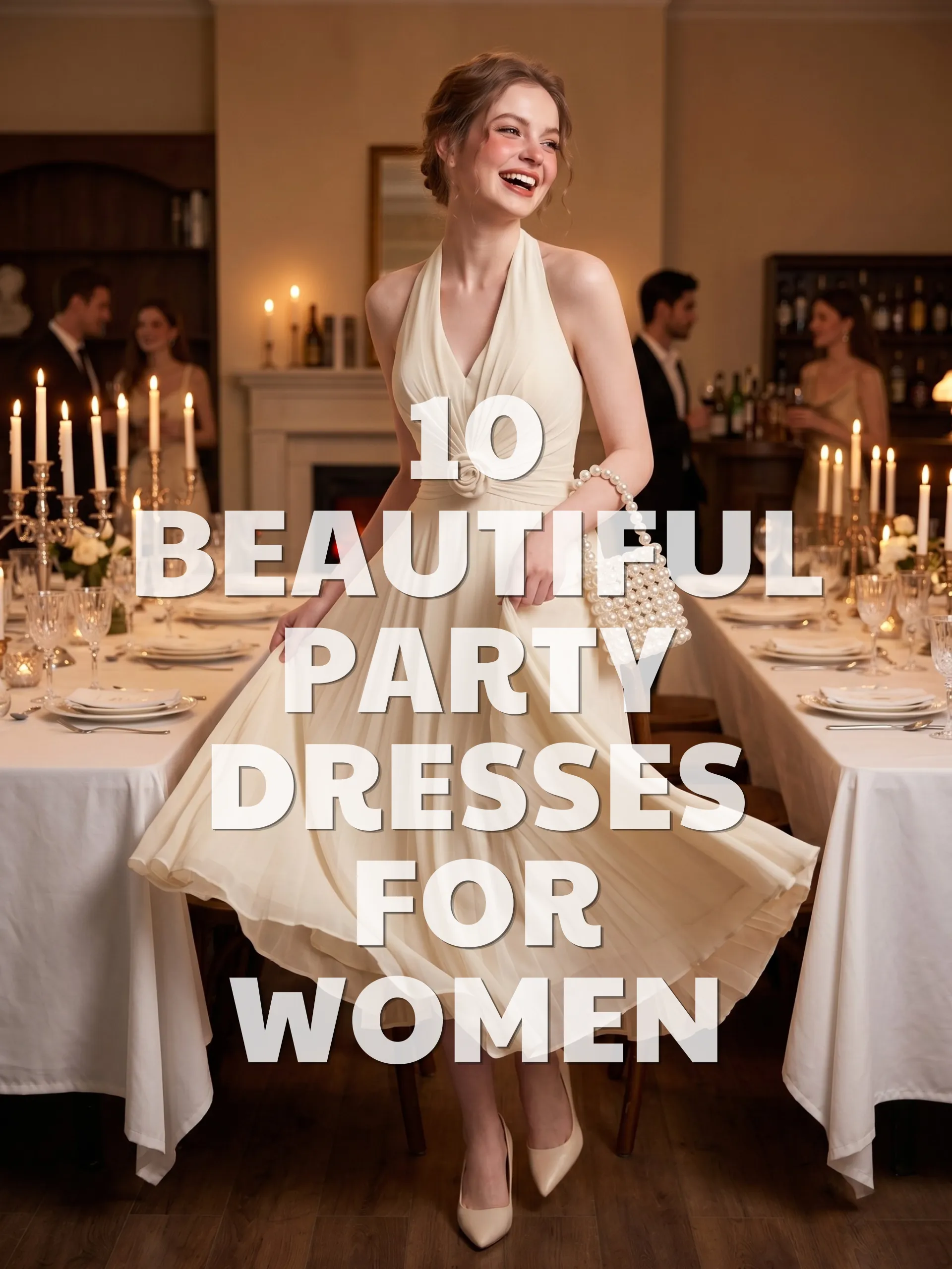 Woman wearing an ivory halter midi dress at an elegant dinner party with the text “10 Beautiful Party Dresses for Women.”