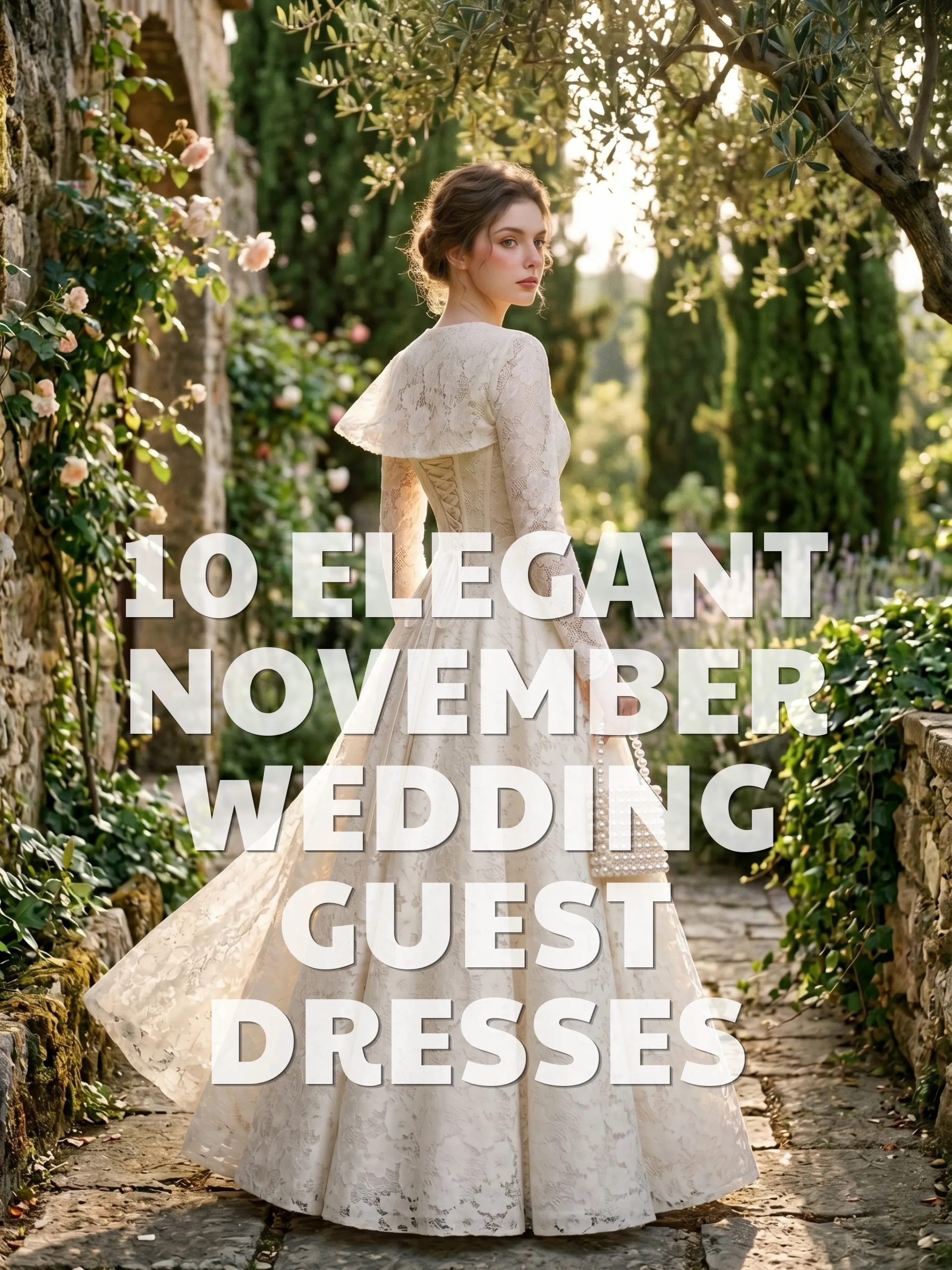 Woman wearing an ivory lace maxi dress in an autumn garden with the text “10 Elegant November Wedding Guest Dresses.”