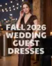 Woman wearing a chocolate brown satin maxi dress at an evening wedding venue with the text “Fall 2026 Wedding Guest Dresses.”