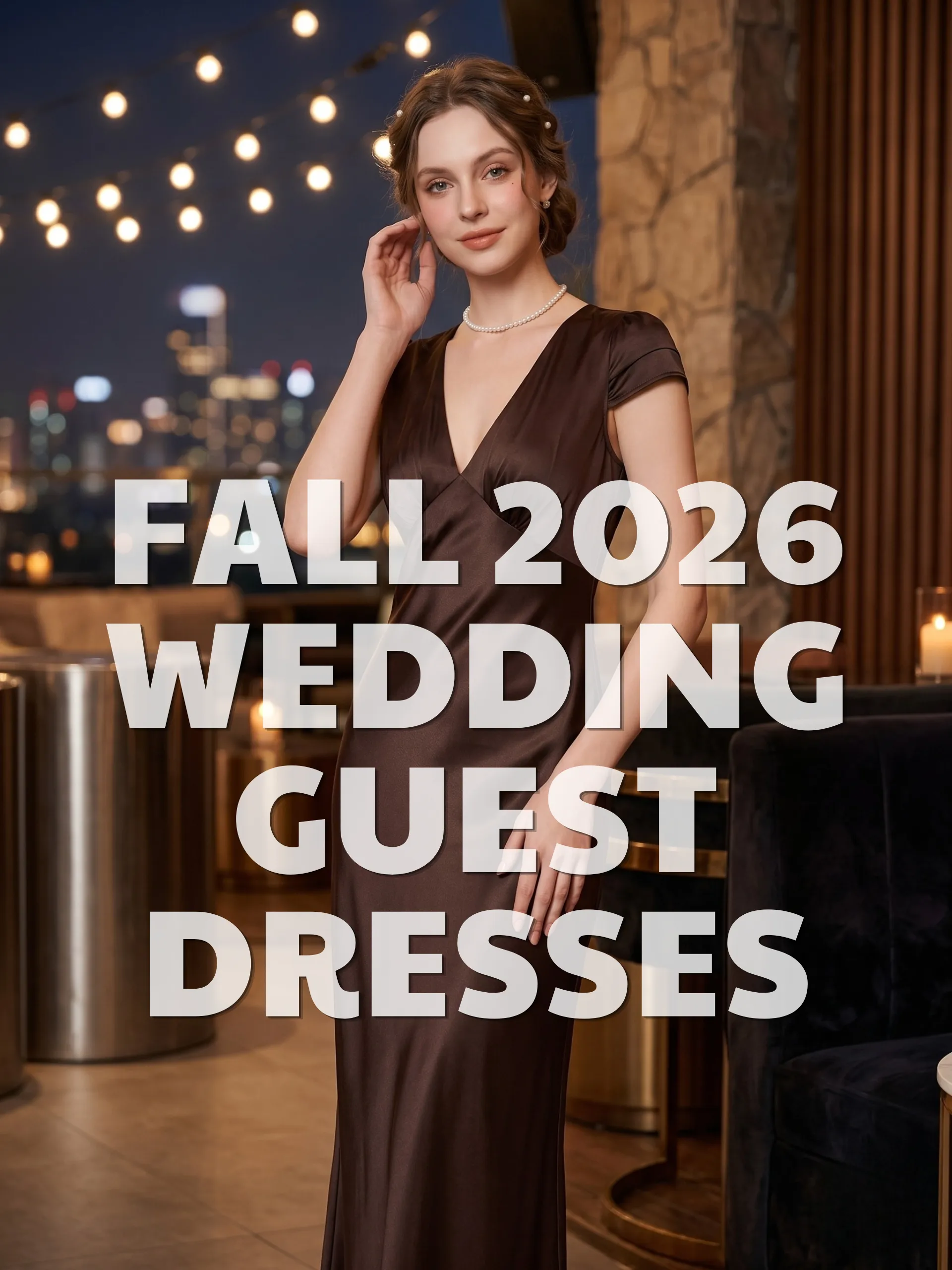 Woman wearing a chocolate brown satin maxi dress at an evening wedding venue with the text “Fall 2026 Wedding Guest Dresses.”
